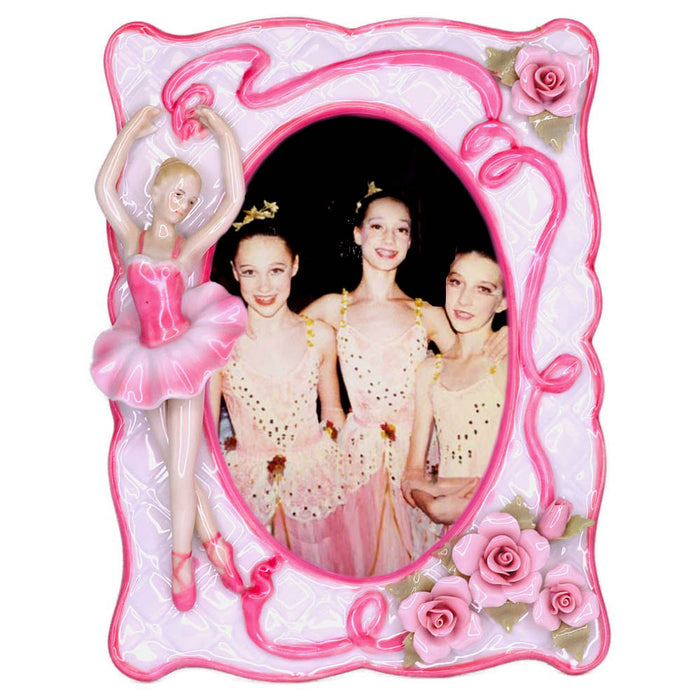 Porcelain Ballerina Picture Frame with Pastel Pink Rosettes-Nutcracker Ballet Gifts