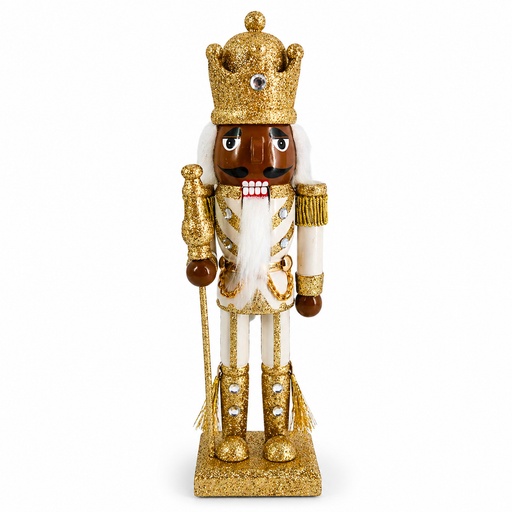 African American king nutcracker figure in gold and ivory, with jeweled crown and glitter scepter