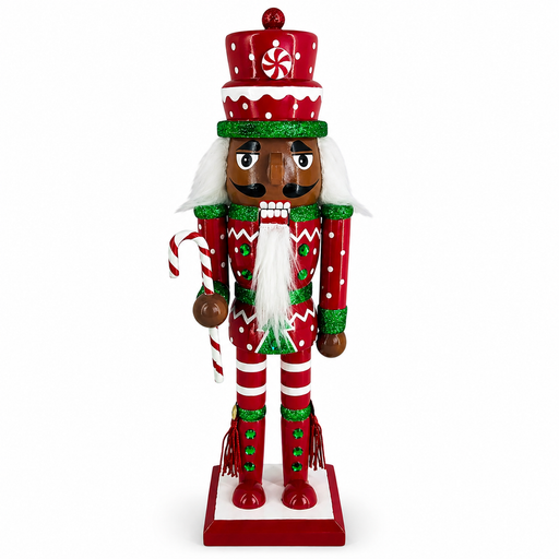 African American candy cane nutcracker in red and green, with peppermint hat and candy cane staff