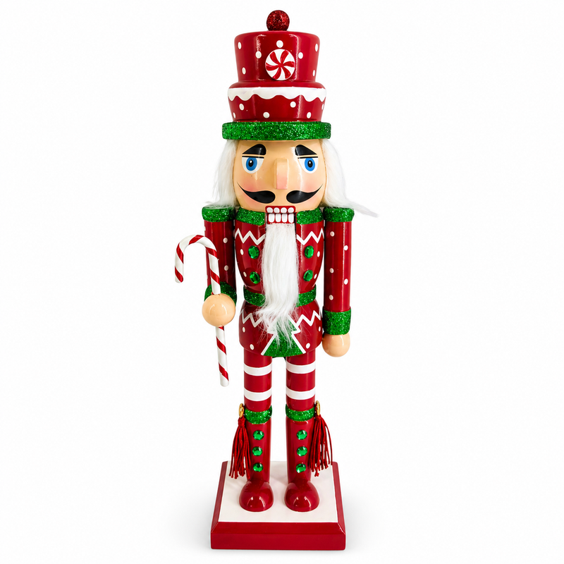 Candy cane nutcracker in red and green, with peppermint hat and candy cane staff