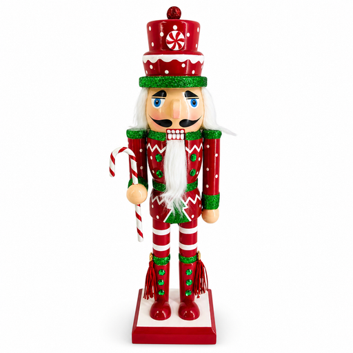 Candy cane nutcracker in red and green, with peppermint hat and candy cane staff