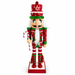 Candy cane nutcracker in red and green, with peppermint hat and candy cane staff