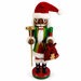 African American Santa nutcracker in green and red, with gold hammer and toy gift sack
