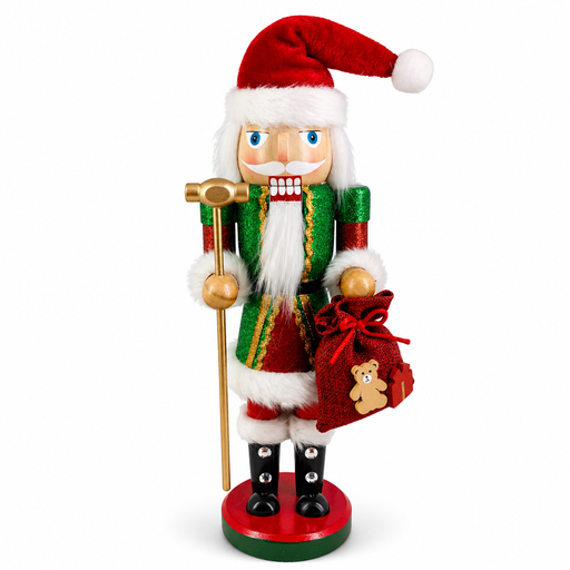 Workshop Santa nutcracker in green and red, with gold hammer and toy gift sack