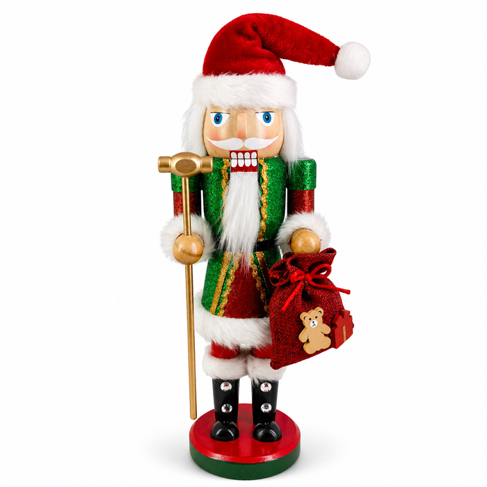 Workshop Santa nutcracker in green and red, with gold hammer and toy gift sack