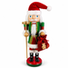 Workshop Santa nutcracker in green and red, with gold hammer and toy gift sack