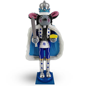Mouse King nutcracker in blue and white with silver crown, sword, and cheese
