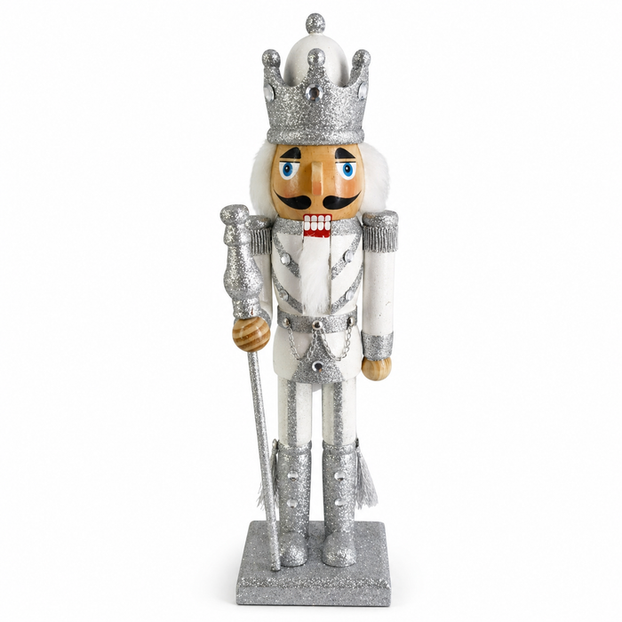 King Nutcracker Silver and White Glitter and Crown 15 inch