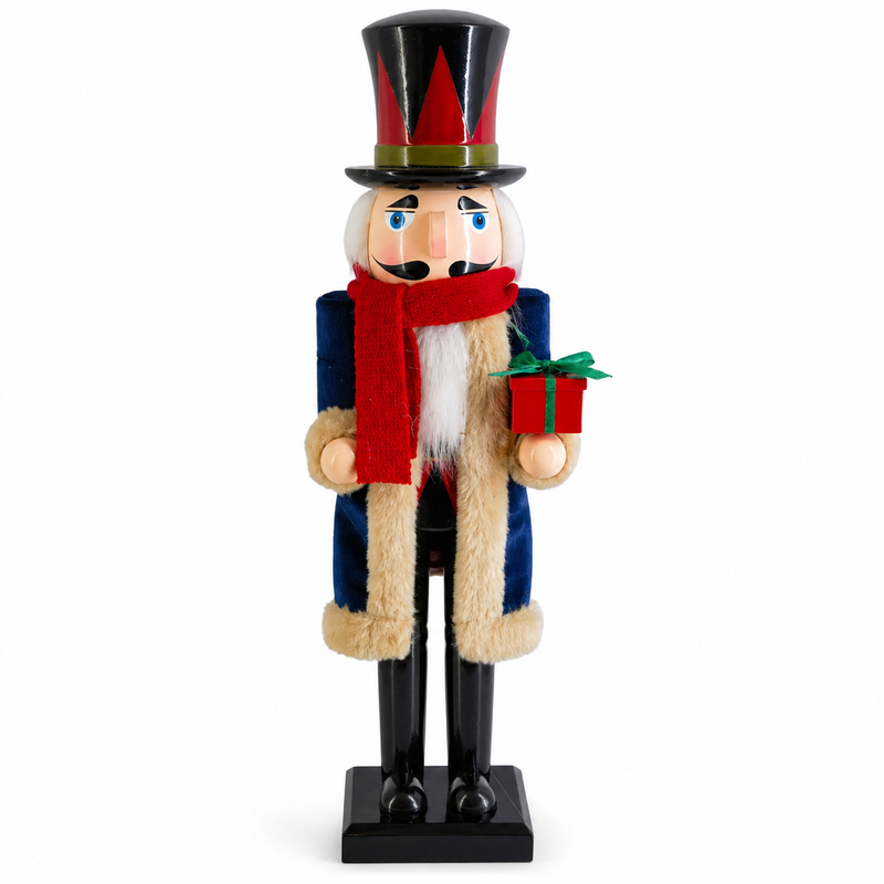 Victorian gentleman nutcracker figure in navy velvet with tan fur trim, holding a wrapped gift