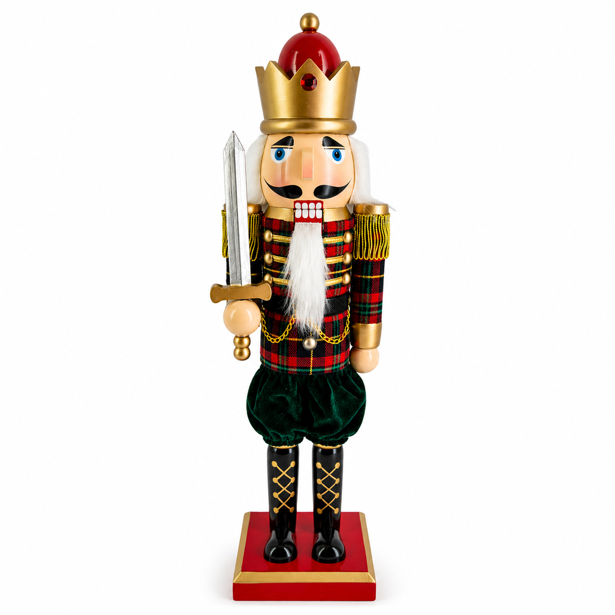 Plaid king nutcracker figure in red and green tartan, holding a silver sword