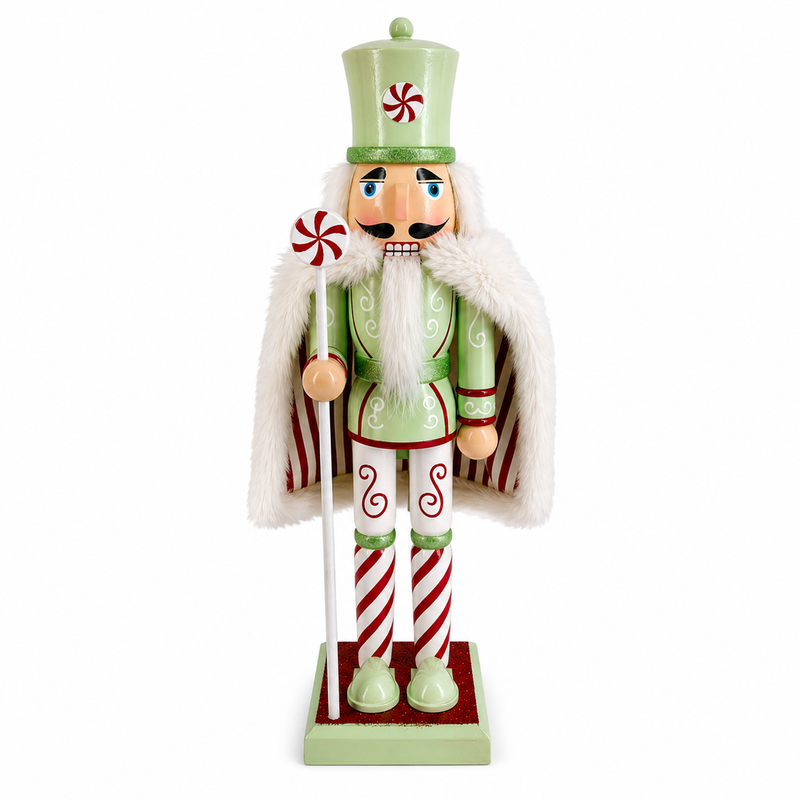 Peppermint nutcracker figure in mint green and white, holding a candy cane striped staff
