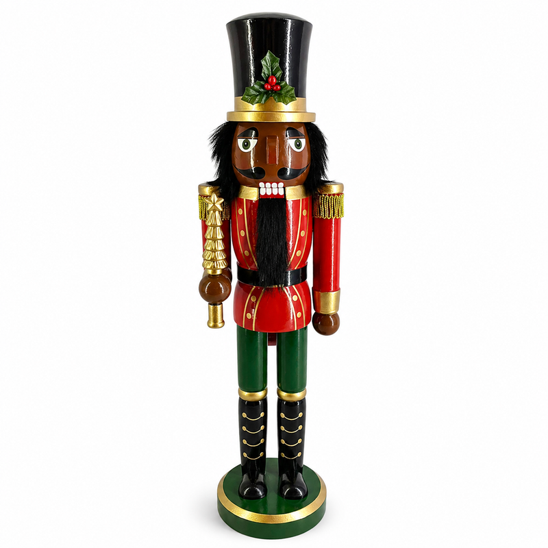 African American classic soldier nutcracker figure in red and green, holding a molded gold tree