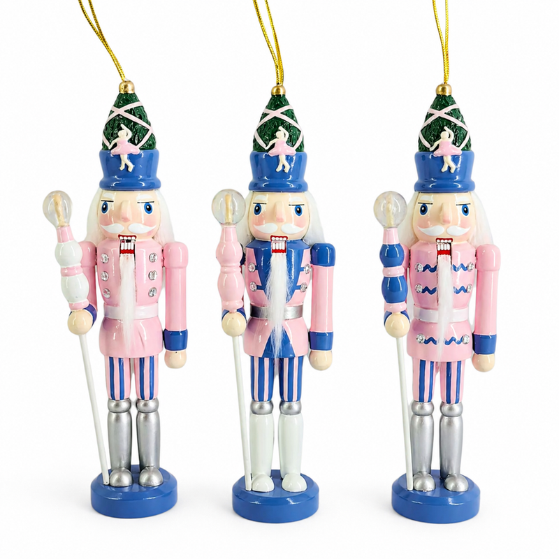 Set of three ballerina motif nutcracker ornaments in pink and blue with jeweled beards