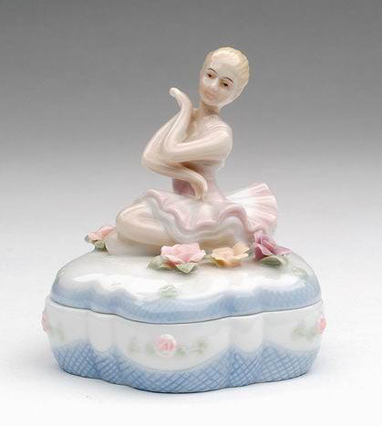 Porcelain Ballerina with White Dress Flower Shaped Trinket Box - Nutcracker Ballet Gifts