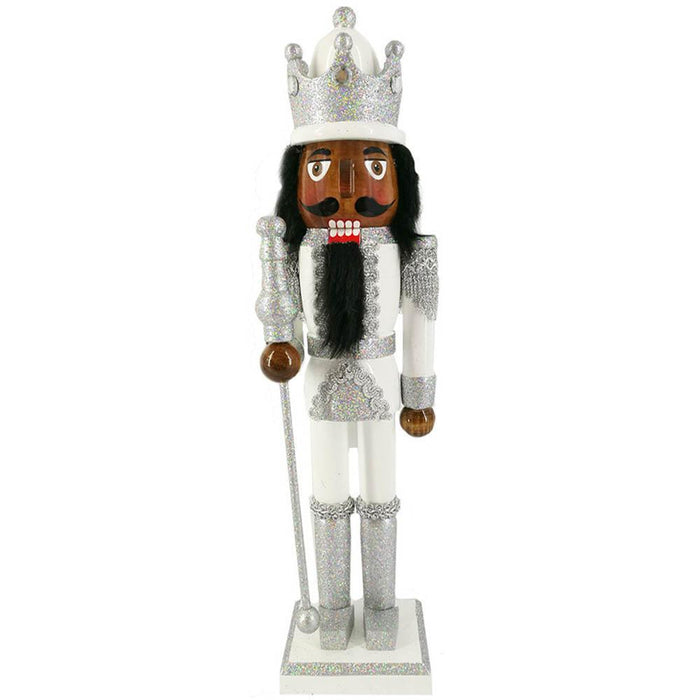 African American King Nutcracker Silver and White with Crown 15 inch - Nutcracker Ballet Gifts
