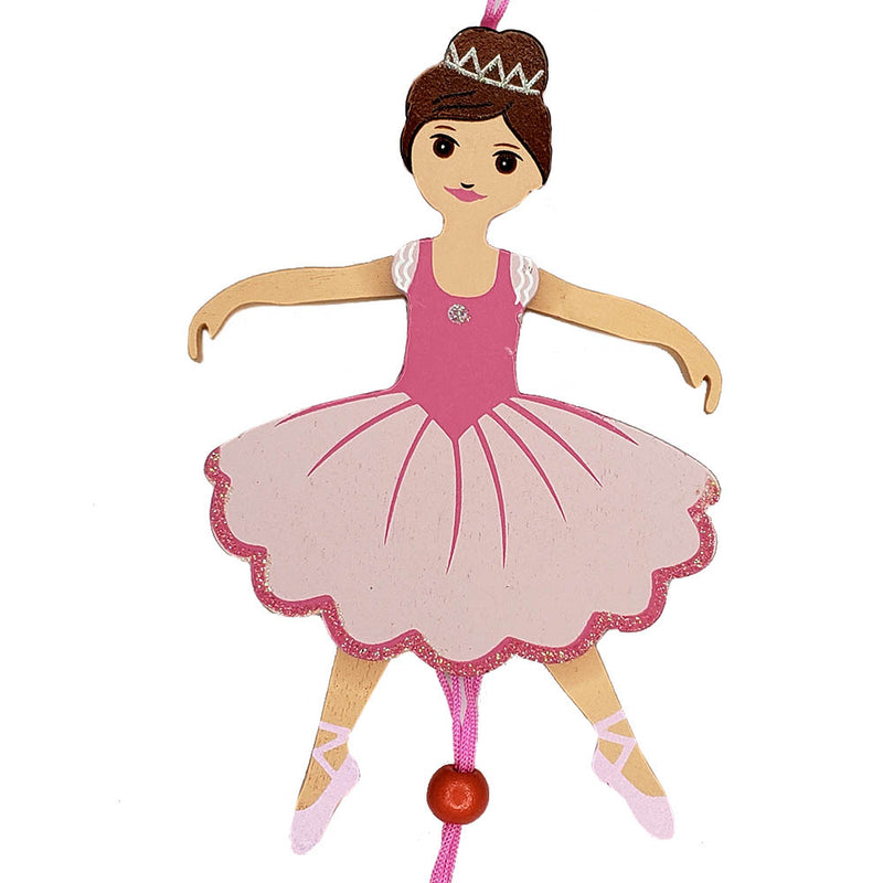 Ballerina Pull Puppet Ornament Brown Hair 6 inch - Nutcracker Ballet Gifts