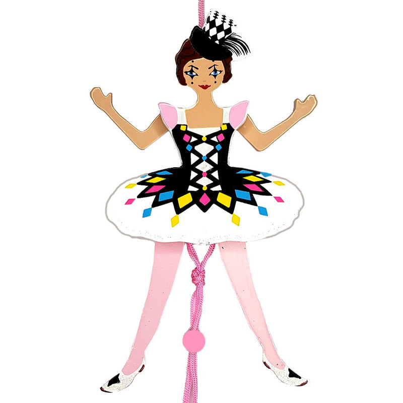 Harlequin Doll Dancer Pull Puppet Ornament 6 inch - Nutcracker Ballet Gifts