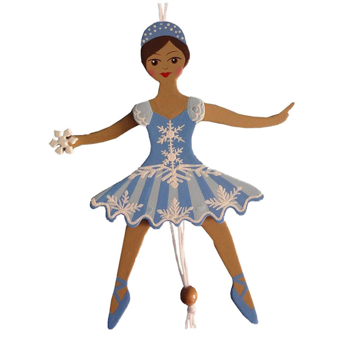 African American Snowflake Dancer Pull Puppet Ornament 6 inch - Nutcracker Ballet Gifts