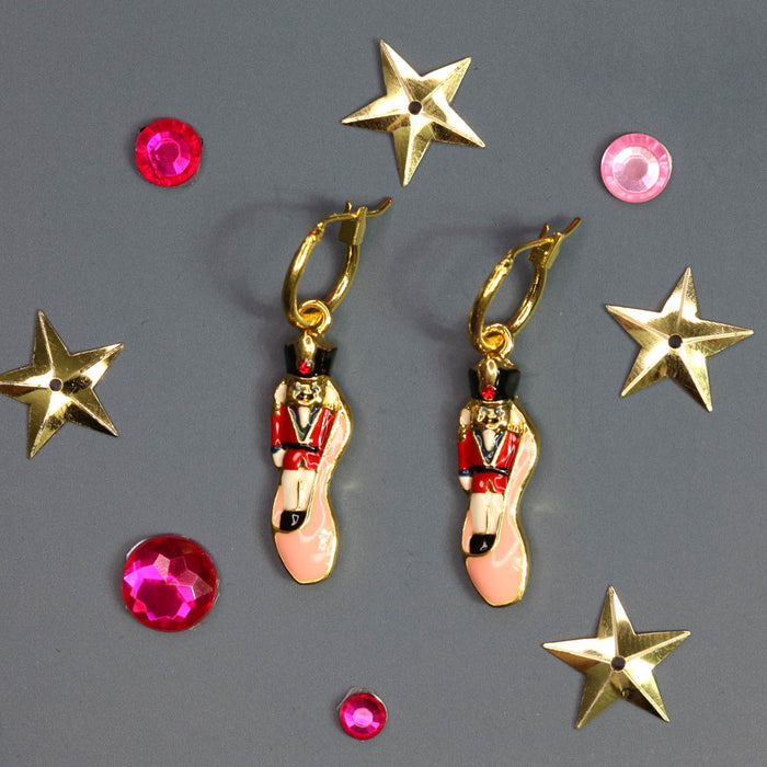 Prince Nutcracker in Pink Ballet Slipper Golden Earrings - Nutcracker Ballet Gifts