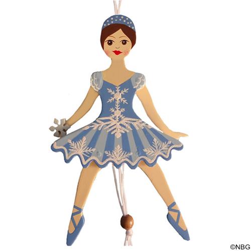 Snowflake Dancer Pull Puppet Ornament Brown Hair 6 inch - Nutcracker Ballet Gifts